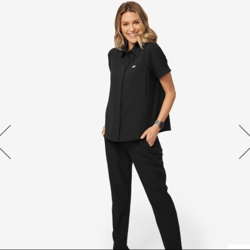 Figs Black Button Front Scrub Top